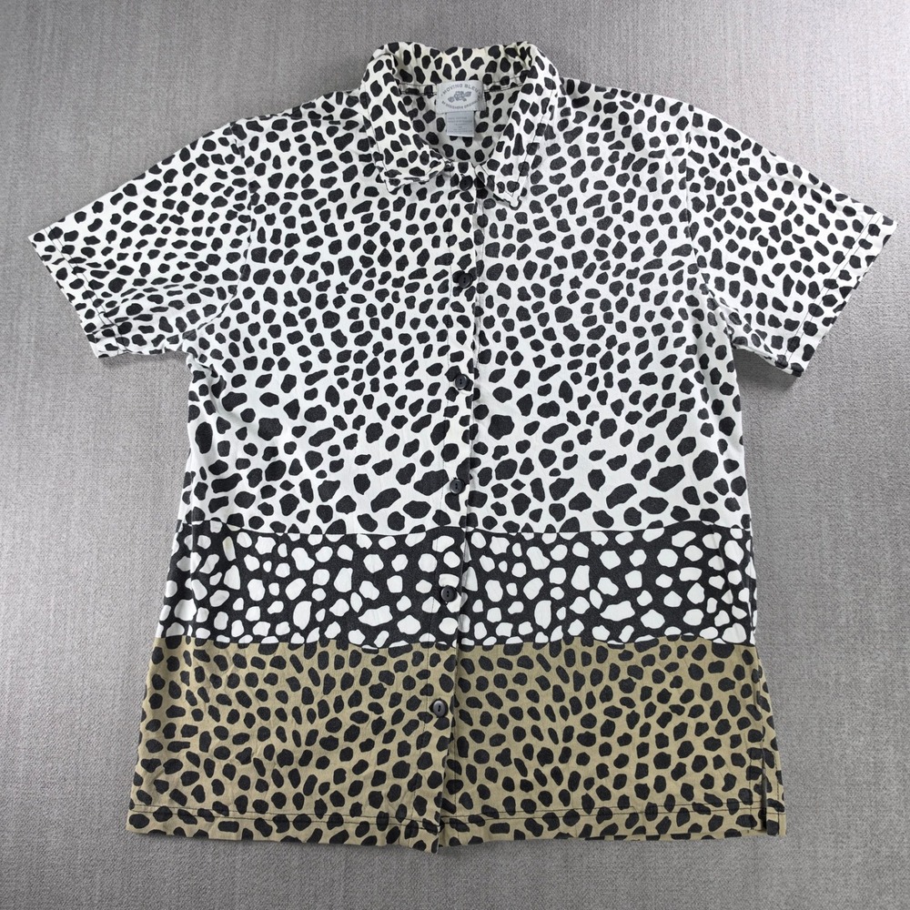 Moving Bleu Button Up Shirt Women Medium Tan Black White‎ Animal Print Cotton